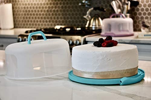 Top Shelf Elements Round Cake Carrier Two Sided Cake Holder Serves as Five Section Serving Tray, Portable Cake Stand Fits 10 inch Cake, Cake Box Comes With Handle, Cake Container Holds Pies (Aqua) - color: Aqua