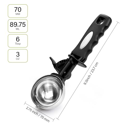Ice Cream Scoop with Trigger, 6 Tbsp Cookie Scoop for Baking, 3 Oz Cookie dough Scooper, Large Ice Cream Scooper, Stainless Steel Portion Scoop, 90 ml - size: 6 tsp (70 mm)