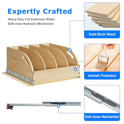 WelFurGeer Birchwood Pot and Pan Organizer with Soft-Close Drawer, Pull Out Cabinet Organizer, Heavy-Duty Slide-Out Storage for Baking Sheets, Cutting Boards, and Kitchen Utensils - size: 20"W X 21"D