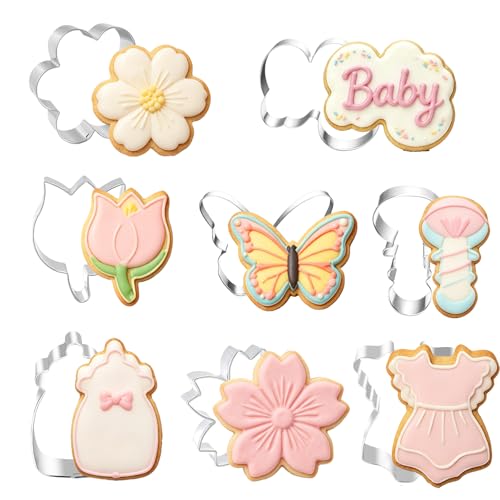 Flower Baby Shower Cookie Cutters Set, 8PCS Stainless Steel Cherry Blossom, Tulip, Daisy, Butterfly, Bottle, Dress, Rattle, Baby Blessing Frame Biscuit Cutters for Baby Shower Party Baking Decoration