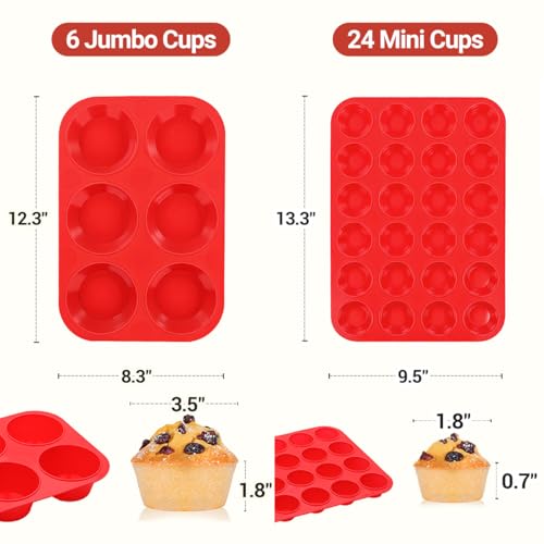CAKETIME Silicone Muffin Pans for Baking, 2 Packs Jumbo 6 Cups and Mini 24 Cups for Baking Muffins, Cupcakes, Egg Bites, and Frittatas - size: 24-Cup Mini & 6-Cup Jumbo