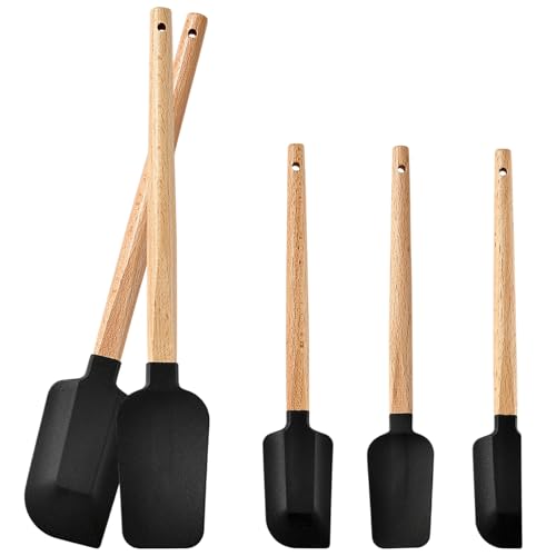 5 Piece Silicone Spatula Set with Wooden Handle, High Heat Resistant Non Stick Kitchen Spatulas, BPA-Free Food Grade Silicone Utensils for Cooking Baking Mixing Jar Scraping, Black