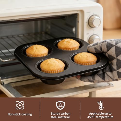 2 Pack 4-Cup 6/12/24/48 Cups Round Muffin Pan, Heavy-Duty Carbon Steel Nonstick Cupcake Baking Pan, 2.56” Standard Size Cups, Compact 7.28” Square Design, Oven & Dishwasher Safe - color: 4 Cups 2 Pack