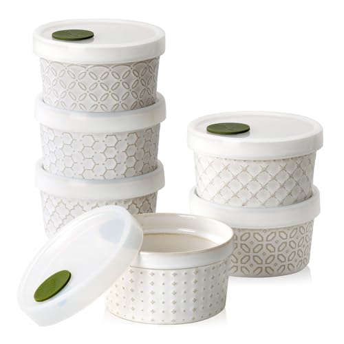 DOWAN Ramekins Oven Safe with Lids 8 oz, Charcuterie Boards Bowls Set for Creme Brulee, Souffle, Dipping Sauces, Custard Cups Ceramic Food Storage Containers, Set of 6, Beige - size: 8 oz
