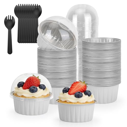 100-Pack 5 oz White Mini Cake Pans with Lids, Disposable Aluminum Foil Baking Cups, Muffin Tins, Ramekins for Cupcakes, Brownies, Flan, Pudding - Clean & Elegant for Wedding, Baby Shower - color: White
