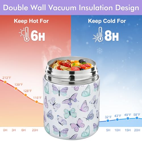 wiwens 12oz Soup Thermo for Hot Food Kids Insulated Food Jar Wide Mouth Lunch Container Leak Proof Stainless Steel Vacuum Bento Box for School Office Travel Outdoors White-Butterfly - color: White-Butterfly