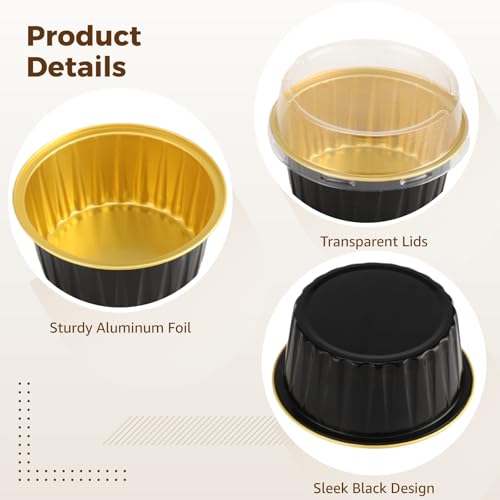 Disposable Ramekins with Lids, 100 Pcs 4.2 oz Aluminum Foil Baking Cups Containers for Cake, Dessert, Muffin, Cupcake, 3.3 x 2.1 in, Black Gold