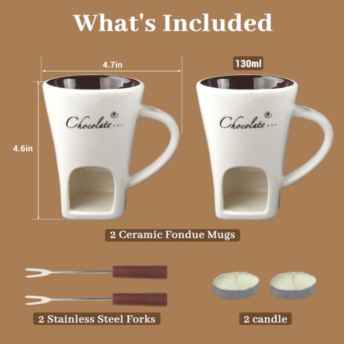 Chocolate Fondue Mug Set of 2, Ceramic Melting Cup, Candle & Fork - color: 2pcs White