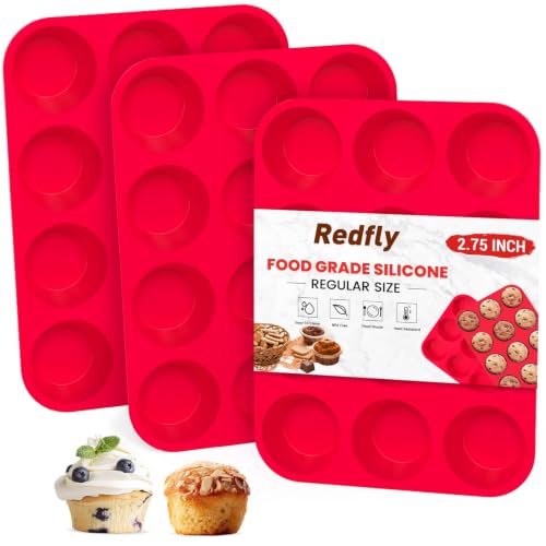 Redfly 3 Pack Silicone Muffin Pans for Baking & Cupcake Pan - 12 Cup Regular Size Silicone Molds, BPA Free Egg Bites Mold - color: Red, size: 3pcs: 12-Cup