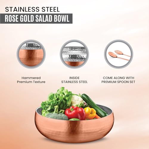 Avador® Set of 3 Premium Stainless Steel Salad Mixing Bowl Hammered Finish | Handmade | Includes Salad Serving Utensils (Rose Gold) - color: Rose Gold