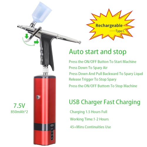 I-BEAUTEE Portable Cordless Airbrush Kit with Compressor, high air Flow Handheld Mini Air Brush Gun Set,Trigger Type High Pressure Air Brush for Painting, Nail Art, Cake, Barber,Model,T-Shirt DIY - color: Red