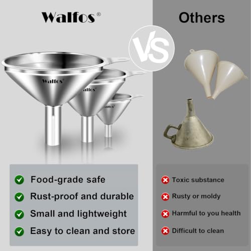 WALFOS Mini Stainless Steel Funnels, Multi-use Small Kitchen Funnel Set, for Transferring Liquid, Fluid, Essential Oils, Powder,Tiny Spices,Long-Lasting and Dishwasher Safe (3 in、2.2 in、1.7in) - color: 3pcs 3in+2.2in+1.7in Stainless Steel