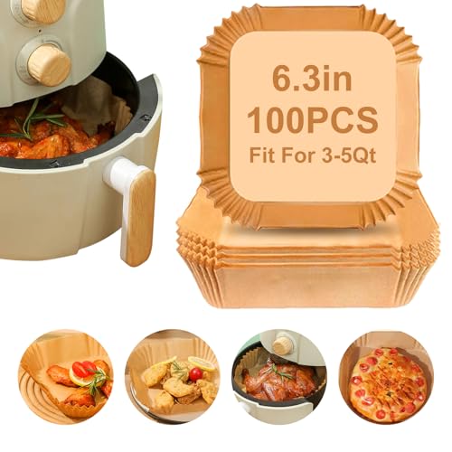 Air Fryer Liners Disposable Paper,100Pcs Airfryer Paper Liners,Non Stick Parchment Paper Liners,Food Grade Air Fryer Accessories for Microwave Oven Steamer 6.3inch Square - size: 6.3”Square