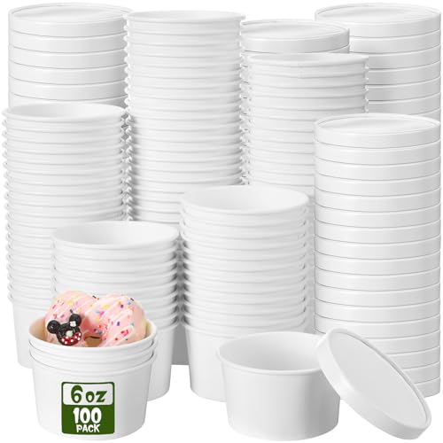 Fulmoon 6 oz 100 Pack Paper Containers with Lids Soup Bowl Cup, White - color: White, size: 6 oz