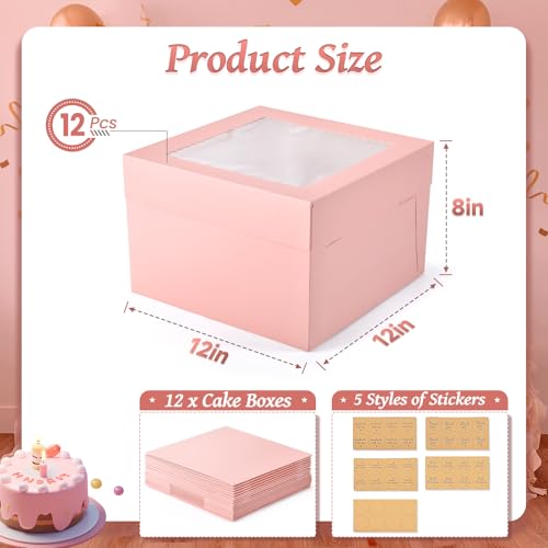 12Pcs Cake Boxes, 12x12x8 Inches Tall Bakery Boxes with Window, Pink - color: Pink, size: 12x12x8inch