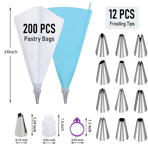 200Pcs Piping Bags and Tips Set, 12 Inch Pastry Bags, Cakes Decorating Kit Supplies, Icing Bags Disposable with 1 Reusable Piping Bags, 12 Frosting Tips, 2 Couplers, 2 Bag Ties (Pack of 2) - size: 12 Inch with Tips（200Pcs） (Pack of 2)