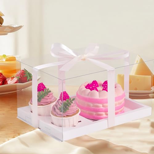 JCD 3 Pcs Cake Cupcake Combo Boxes,1+2 Cupcake carriers 2 Cupcakes Holes - Cakes and Cupcake Clear Boxes - Pastry Sweets Bento Boxes (2 Cupcakes and 1 Cake)(1+2/3Pcs) - size: Clear 1+2/3Pcs