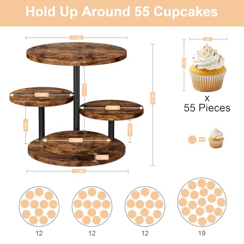 Cupcake Stand 4 Tier for 50 Cupcakes Wooden Cake Stand 360°Rotatable Dessert Stands Round Cookie Tiered Tray Stand for Party Birthday Wedding Baby shower Afternoon Tea Dessert Table, Brown - color: Brown