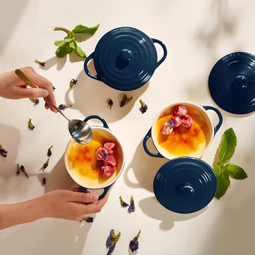 Kook Mini Cocotte, Lids, Handles, Dutch Oven, Set of 4, 12 oz, Navy - color: Navy