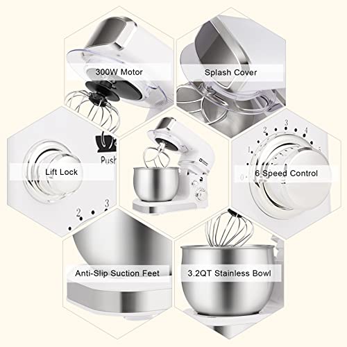 Kitchen in the box Stand Mixer,3.2Qt Mini Electric Food Mixer,6 Speeds Portable Lightweight Kitchen Mixer for Daily Use with Egg Whisk,Dough Hook,Flat Beater (White) - color: White