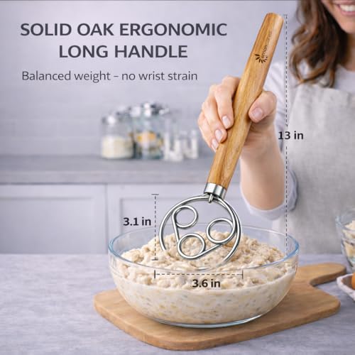 Danish Dough Whisk for Sourdough – Thick Stainless Steel Dutch Whisk with Ergonomic Oak Handle – Heavy-Duty Dough Mixer for Bread & Baking - size: Triple Loop
