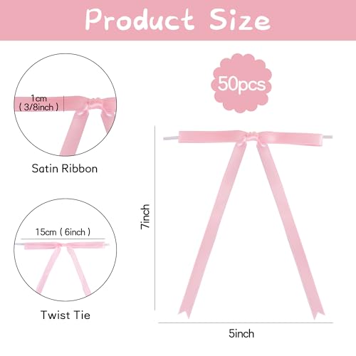 TONIFUL 50 Pack Pink Bows with Twist Tie 5 x 7 Inch Pretied Ribbon Bows - color: Pink