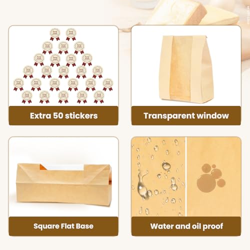 WIKDAY Bread Bags for Homemade Bread 50PCS Sourdough Bakery Bag with Window - size: Large Size (8.3" x 3.5" x 13.7") with Stickers A