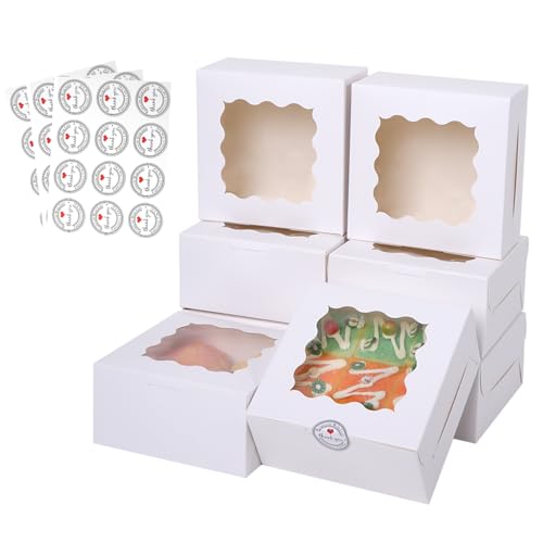 36 pcs 6x6x3 Inches Small Cake Box with Window, Bakery Pastry Cookie Boxes, Mini Pie for Pastry,Dessert,Strawberries,Chocolates, Cupcakes with paper stickers (white) - color: white/36pcs