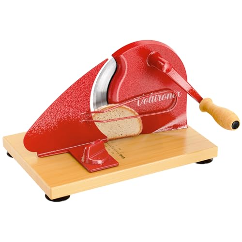 (Upgrade) Manual Bread Slicer for Homemade Bread, Sourdough Bread Slicer With Hand Crank, Scale Line and Suction Cup, Serrated Blade, Adjustable Thickness, Evenly Slicing - color: Bright Red