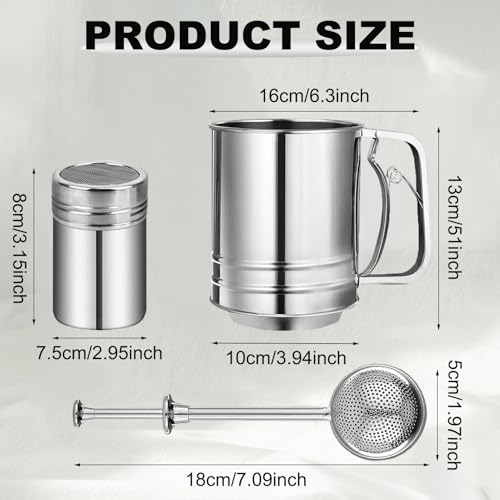 Flour Sifter, Stainless Steel 3 Cup Flour Sifters for Baking, 3 in1 Sifter for Baking with Powdered Sugar Shaker Duster and Flour for Baking Cakes, Pies, Pastries, Desserts and Cupcakes