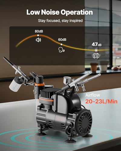 VEVOR Airbrush Kit, 1/6 HP, Air Brush Kit with Air Compressor, 3 Dual-Action Professional Airbrushes with 3 Tips, Hose, Acrylic Paint, Brush, Low Noise, for Cake Decorating, Model Painting, Nail Art - style: Airbrush Kit +24 Paints