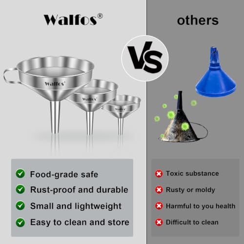 Stainless Steel Funnel, Walfos 3 Pack Kitchen Funnel with 2 Removable Strainer ＆ 1Pcs Cleaning Brush, Perfect for Transferring of Liquid, Oils, Jam, Dry Ingredients & Powder - color: 3pcs 5.7in+4.9in+4.1in Stainless Steel