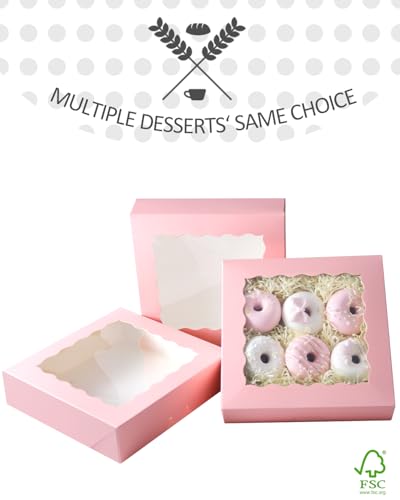 qiqee Auto-pop up Pink Pie Boxes with Window 10x10x2.5 inch 30Packs Cookie Donut Bakery Box - color: Pink, size: 10"x10"x2.5"/30 Pcs