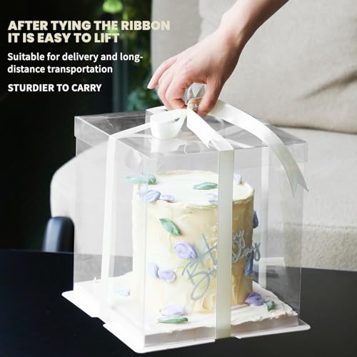 8 Pcs Clear Gift Box with Ribbon 3-Layer 10x10x12 Inch, Transparent Cake Carrier Box with Lids, PET Tall Cake Packaging Boxes, Clear Gift Boxes for Birthday,Wedding and Festival Party - size: 10*10*12 in