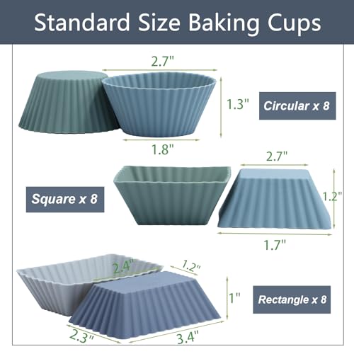 24Pack Silicone Muffin Cups, Reusable Cupcake Liners Molds for Baking, 3 Shapes Lunch Box Bento Dividers-Round, Square, and Rectangular (Grey Series, Regular Size) - color: Grey Series, size: Regular Size
