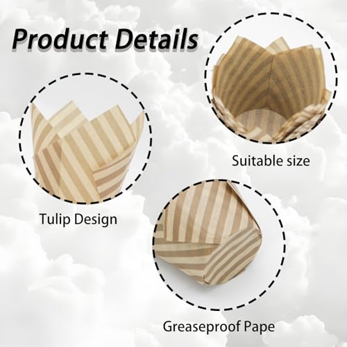 50 Pcs Tulip Cupcake Liners for Baking Cups, Natural Striped - color: Natrual Stripe