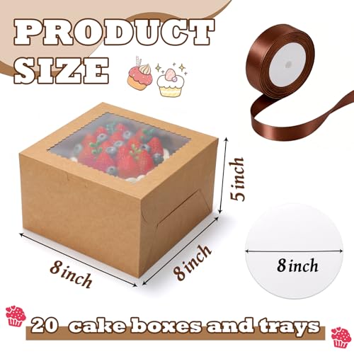 KPOSIYA 40pcs 8x8x5 In Cake Boxes with Cake Boards（20 Boxes & 20 Boards） - color: Brown, size: 8x8x5 inch