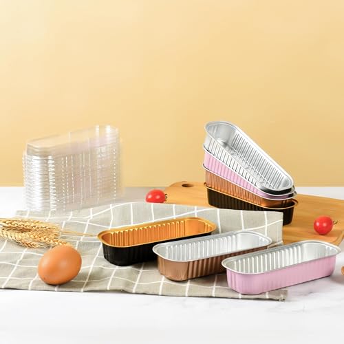 Findful Mini Loaf Baking Pans with Lids and Spoons (50 Pack, 6.8oz) Rectangle Aluminum Foil Baking Pans Tins Containers - Cupcake Containers Wrappers Cheesecake Creme Brulee Ramekins - color: Milk White