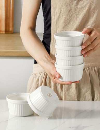 8 oz Ramekins Oven Safe Set of 6, Souffle Dish Baking Bowls, Custard Dessert Cups for Pudding Yogurt Ice Cream, Ceramic Ramiken Bowl, White - color: White