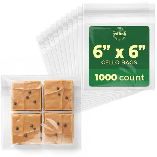 Seal Fresh Self Sealing Cellophane Bags - 6" x 6" (1000 Count) - Clear Plastic Resealable Cello Bag - Cellophane Treat Bags, Cookie Bags for Packaging, Candy bags, Cello Bags, Pastry Bags - size: 6" x 6"