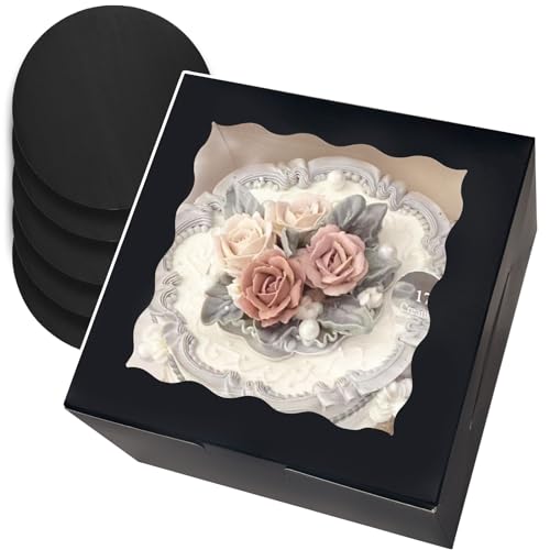qiqee 8x8x5 Cake Box, 18 Sets Black Cake Box with Window ＆ 18 Sets 8" Black Cake Round Boards, 8inch Cake Containers - color: Black, size: 18 Sets /8x8x5