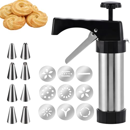 Stainless Steel Cookie Press Gun Kit: 13 Discs + 8 Piping Tips, for DIY Cake Decorating & Baking Supplies