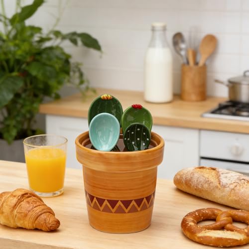 5 Pcs Ceramic Cactus Measuring Spoons with Storage Pot Cute Baking Tool Set