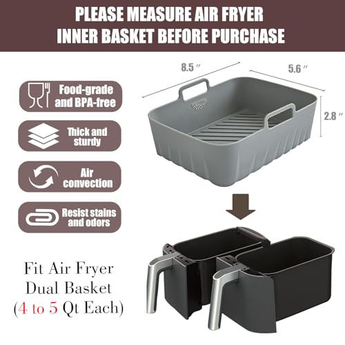 Golden Associate Silicone Liners Rectangle 2 Pcs for Air Fryer Dual Basket 8 to 10 Qt, Food-grade Reusable Baking Tray Fit Ninja DZ201 DZ401 DZ550, 4 to 5 Qt Each, Airfryer Accessories Grey - size: 8.5x5.5''dual