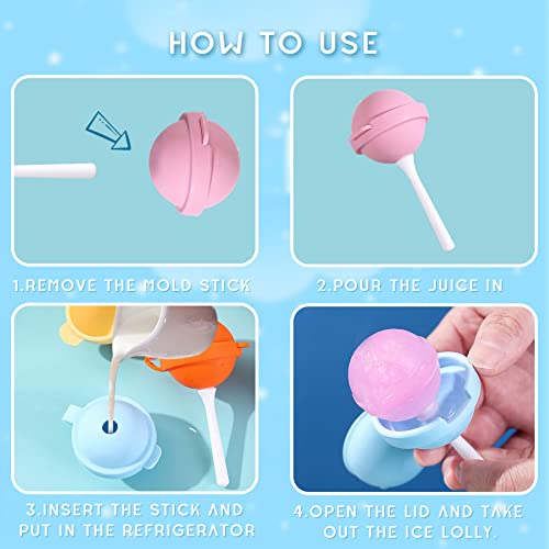 4 Pack Silicone Lollipop Popsicle Molds, BPA Free Reusable Ice Cream Molds with Sticks, DIY Homemade Freezer Treat Maker (Pink/Yellow/Orange/Blue)