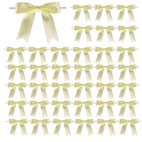 Meseey 50 Pcs 3 Inches Twist Tie Satin Ribbon Bows Champagne Pretied Premade Craft Bows for Treat Bags Gift Wrapping Basket Wedding Baby Shower Brithday Christmas Party (3", Champagne) - color: Champagne