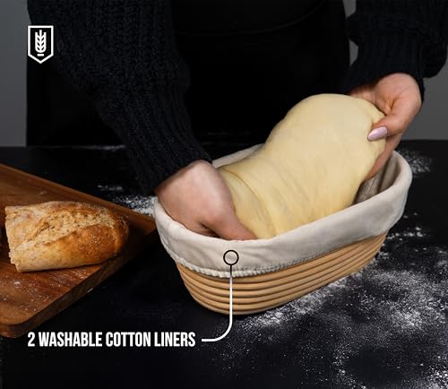 Kook Banneton Bread Proofing Baskets, Artisan Sourdough Bread Making Baskets, 9.8 Inch Handwoven Rattan Baskets and Cloth Liners, Set of 2, Oval - color: Oval Baskets