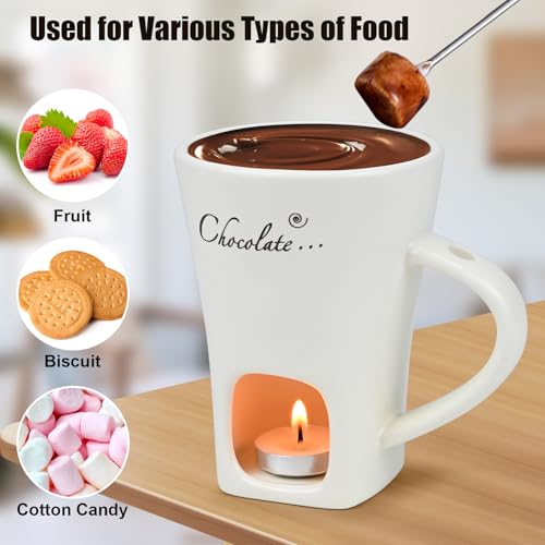 Sweet Fondue Cup Set, Chocolate Fondue Mug with 1 Fork and 4 Candles, Personal Ceramic Chocolate Melting Cup, Chocolate Fondue Cup, Ideal Gifts for Date Night, Birthday, Wedding (White) - color: White
