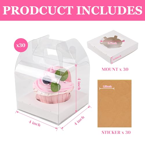30 Pack Clear Plastic Individual Cupcake Containers with Handles