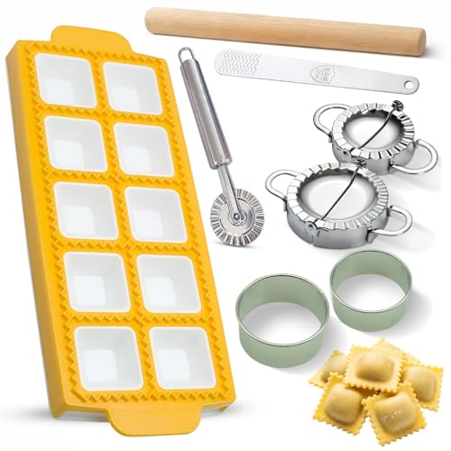 Ultimate Ravioli Maker Press & Dumpling Maker Kit - 10-Hole Ravioli Mold, Pasta Roller, Pastry Wheel & Pierogi Press - Stainless Steel Empanada Maker Machine & Pasta Making Tools for Kitchen (Square) - size: Square Shape